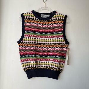 Vintage 80s New Attitude by Russ Togs Navy Colorful Knit Sweater Vest L NWT